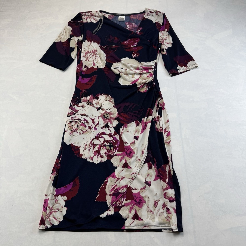 Adressing Woman Floral Faux Wrap Dress Womens M Ruched Navy Pink Midi
